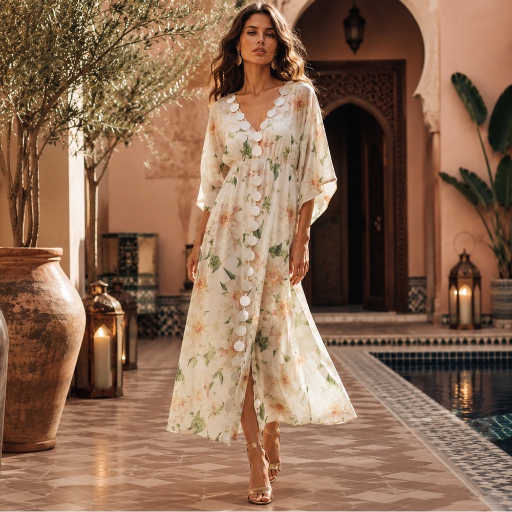 FARM Rio Floral Maxi Dress in Cream with Green Accents
